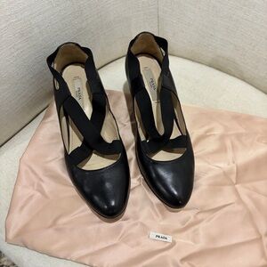 Prada Crossband Ballet Pumps Black Leather - Size 36.5 / Size 6.5